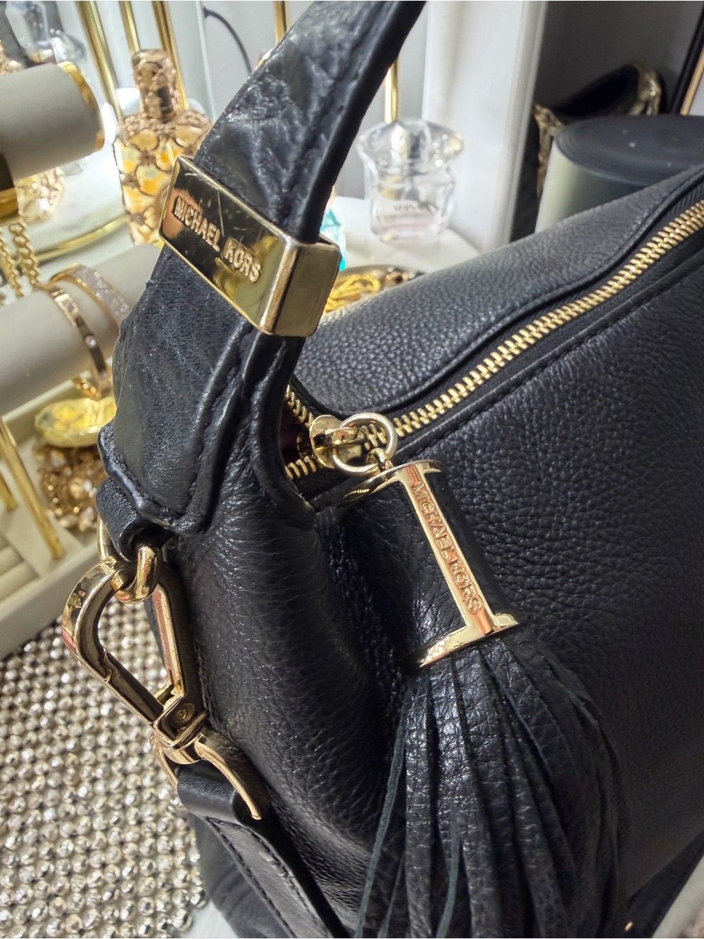Michael Kors Black Pebbled Leather Shoulder Bag with Gold Hardware